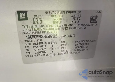 2017 Chevrolet Silverado 1500 Custom from USA, damaged, VIN 1GCRCPEC4HZ299526